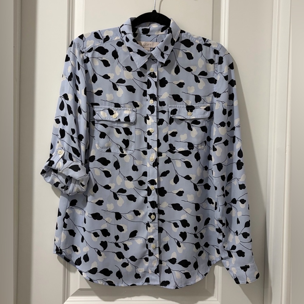 LOFT Light Blue and Black Floral Shirt